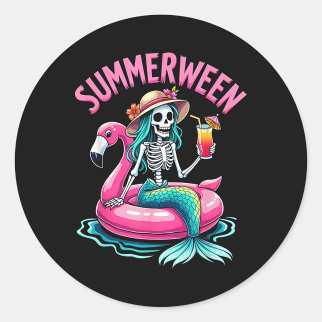 Pegatina Redonda Summerween Mermaid Skeleton Beach Flamingo Hallowe (Anverso)