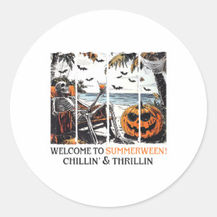 Pegatina Redonda Summerween Skeleton Beach Fiesta Halloween Summer
