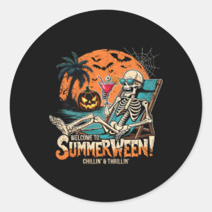 Pegatina Redonda Summerween Skeleton Beach Halloween Arte Tropical