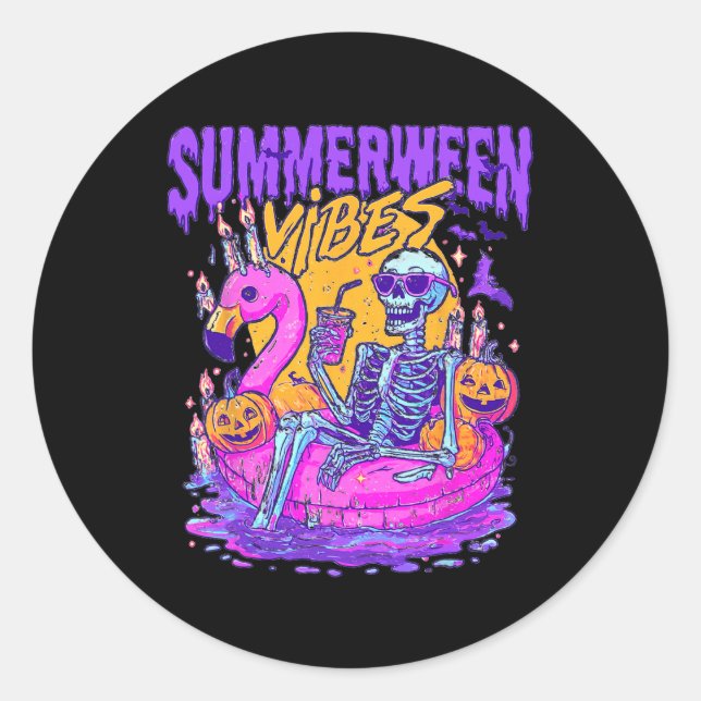 Pegatina Redonda Summerween Skeleton Float Halloween Flamingo Vibes (Anverso)