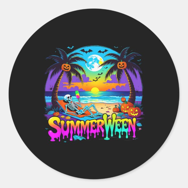 Pegatina Redonda Summerween Skeleton Ghost Beach Funny Spooky Hallo (Anverso)