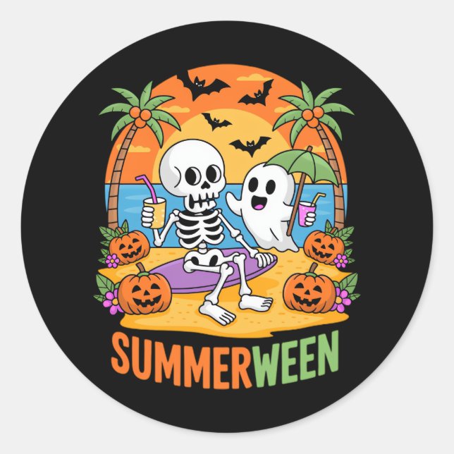 Pegatina Redonda Summerween Skeleton Ghost Beach Halloween Party Fu (Anverso)