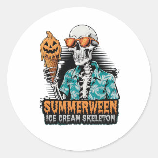Pegatina Redonda Summerween Skeleton - Spooky Crema de hielo Hallow