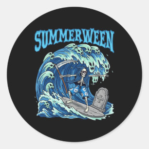Pegatina Redonda Summerween Skeleton Surf Grim Reaper Beach Spooky