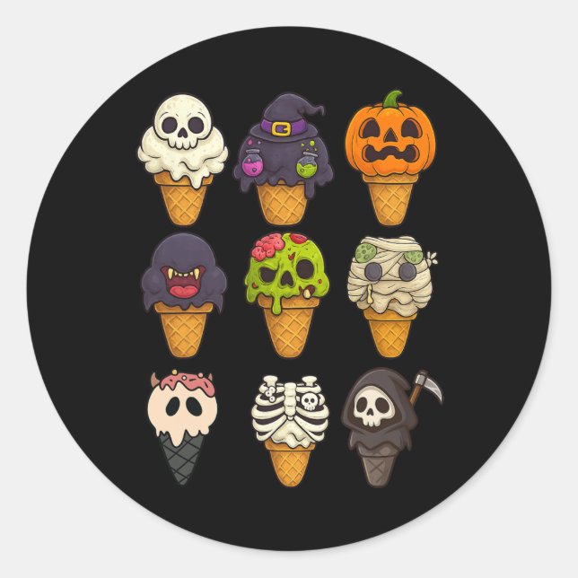 Pegatina Redonda Summerween Skeleton Zombie Pumpkin Mummy Ice Cream (Anverso)