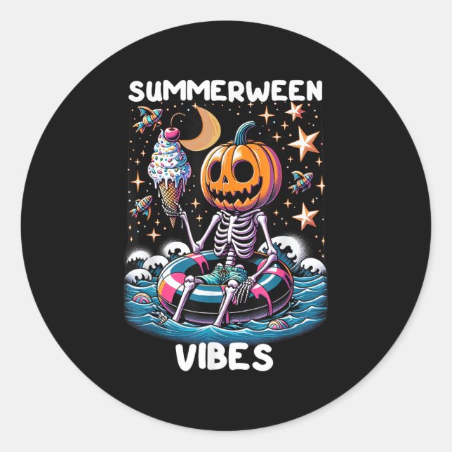 Pegatina Redonda Summerween Summer Halloween Funny Skeleton Ice Cre (Anverso)