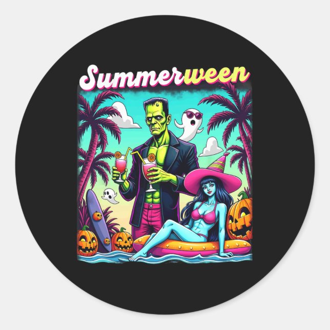 Pegatina Redonda Summerween Summer Halloween Zombie Frankenstein Bo (Anverso)