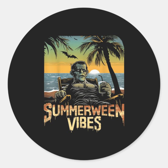 Pegatina Redonda Summerween Vibes Frankenstein Summer Halloween (Anverso)
