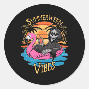 Pegatina Redonda Summerween Vibes Skeleton Flamingo Spooky Hallowee