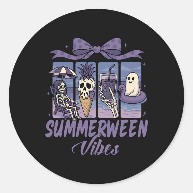 Pegatina Redonda Summerween Vibes Skeleton Ghost Beach Fiesta Hallo (Anverso)