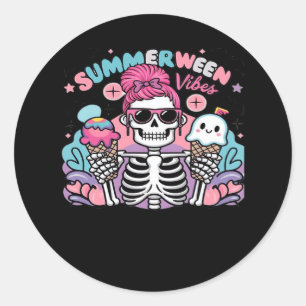 Pegatina Redonda Summerween Vibes Skeleton IceCream vacaciones de v