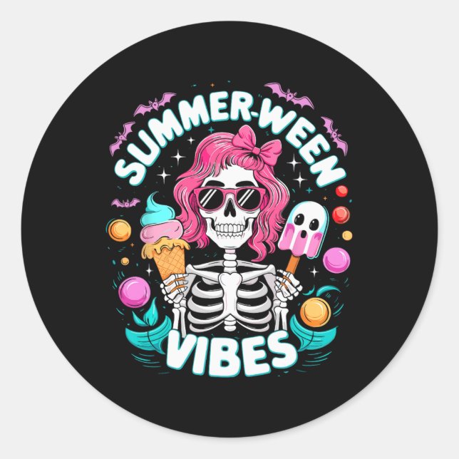 Pegatina Redonda Summerween Vibes Skeleton Spooky Vacaciones Hallow (Anverso)