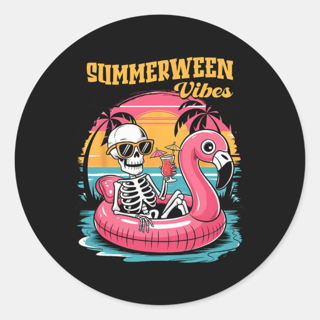 Pegatina Redonda Summerween Vibes Skeleton Summer Vacation Funny Ha (Anverso)