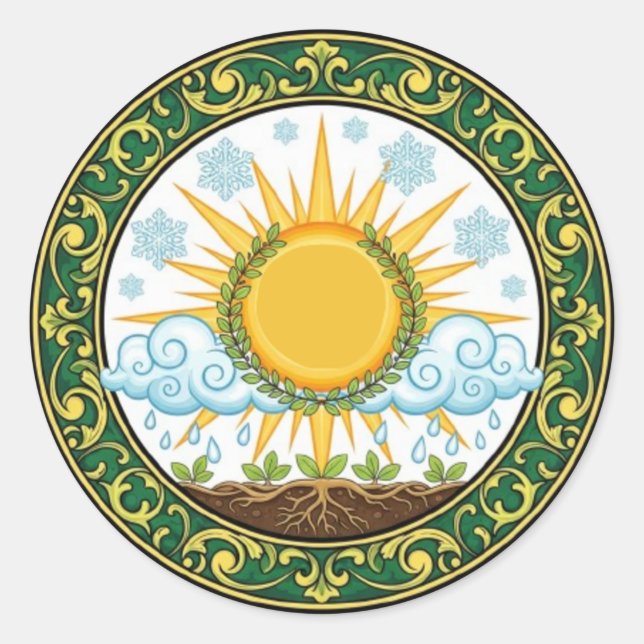 Pegatina Redonda Sun and Rain Nature Cycle Botanical Emblem ART (Anverso)