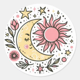 Pegatina Redonda Sun Moon Floral Rosa Amarillo Zodiaco Astrológico