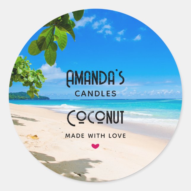 Pegatina Redonda Sun Sand y Surf Tropical Beach Candle Business (Anverso)