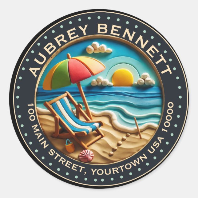 Pegatina Redonda Sun & Surf Beach Clay Look Art Name & Address (Anverso)