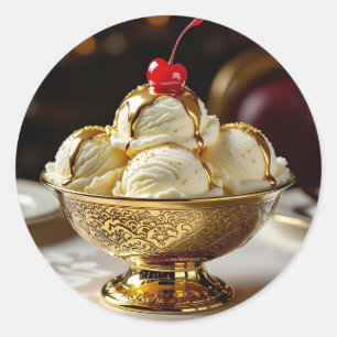 Pegatina Redonda Sundae de helado con jarabe de oro en blanco