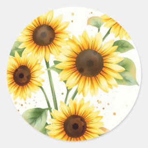 Pegatina Redonda Sunflower acuarela con bordes crema