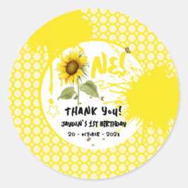 Pegatina Redonda Sunflower acuarela con mariposas Primer cumpleaños