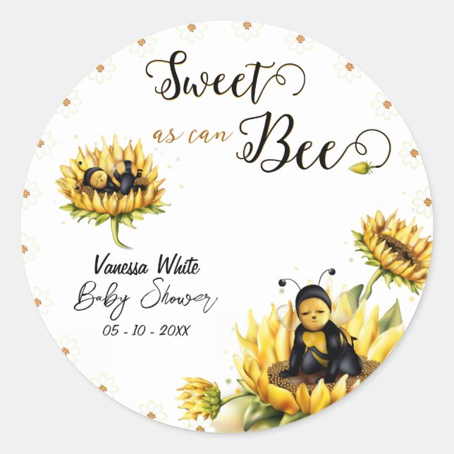 Pegatina Redonda Sunflower Bee Floral Baby Shower (Anverso)