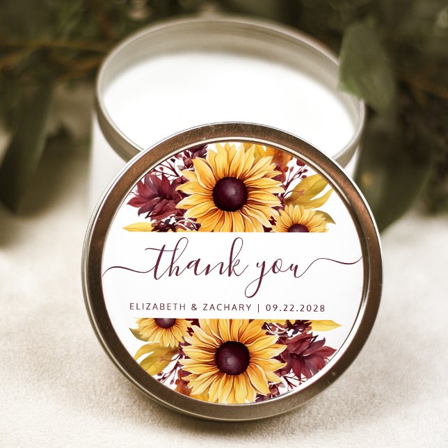 Pegatina Redonda Sunflower Burgundy Boda Floral Gracias (Subido por el creador)