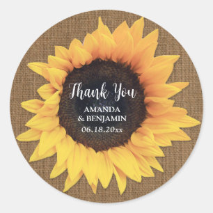 Pegatina Redonda Sunflower Burlap Boda Gracias
