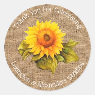 Pegatina Redonda Sunflower color de agua en Burlap Boda Favor invit