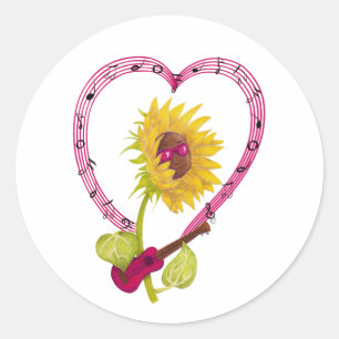 Pegatina Redonda Sunflower con un Ukulele y notas musicales