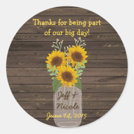 Pegatina Redonda Sunflower Country Wood Mason Jar Boda