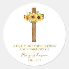 Pegatina Redonda Sunflower Cross Memorial Funeral Seed Packet