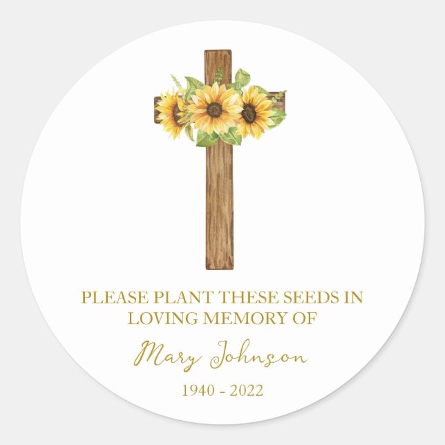 Pegatina Redonda Sunflower Cross Memorial Funeral Seed Packet (Anverso)