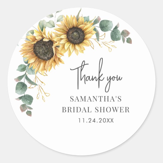 Pegatina Redonda Sunflower Eucalyptus Floral Bridal Shower Greenera (Anverso)