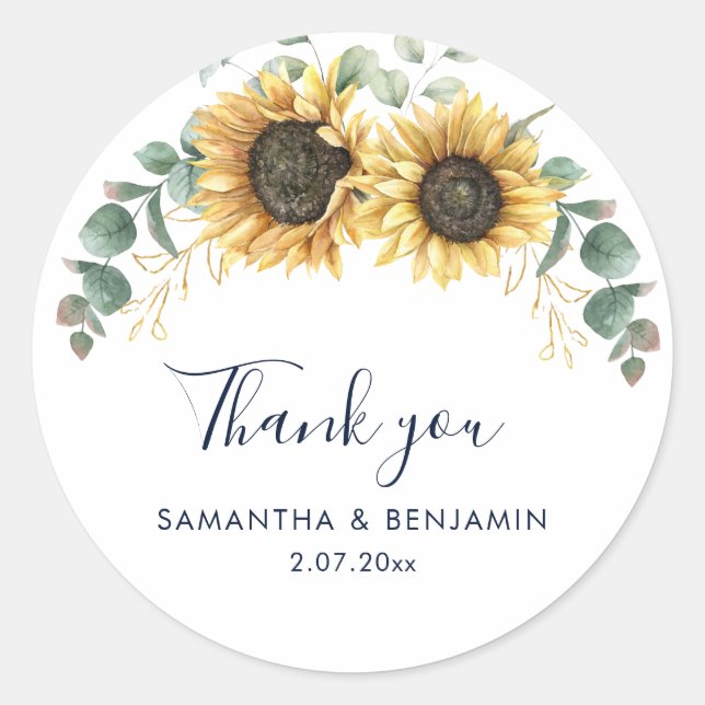 Pegatina Redonda Sunflower Floral Wedding Thank You Favor (Anverso)