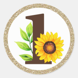 Pegatina Redonda Sunflower & Gold ONE Baby Girl Primer Fiesta de cu