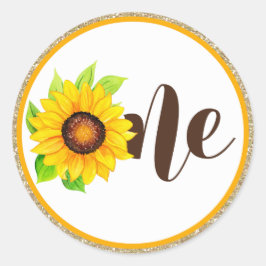 Pegatina Redonda Sunflower & Gold ONE Baby Girl Primer Fiesta de cu