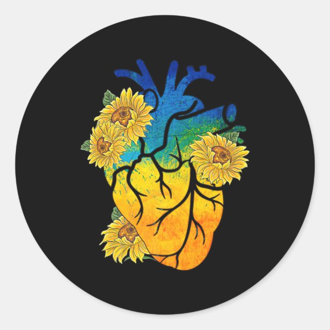 Pegatina Redonda Sunflower Heart Ukraine Ukrainian Flag Stand With  (Anverso)