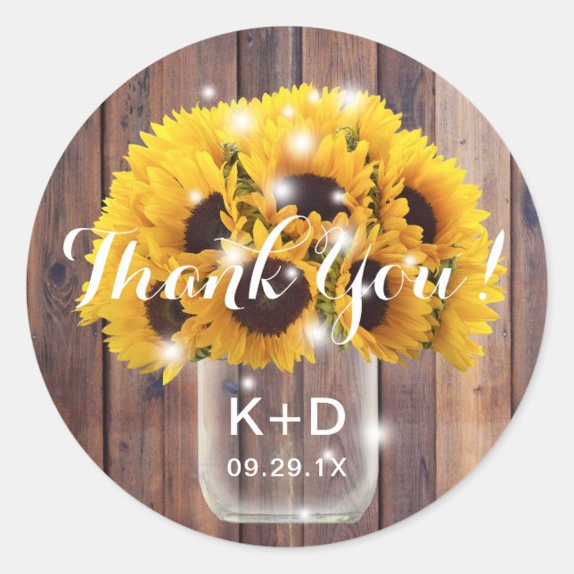 Pegatina Redonda Sunflower Mason Jar Rustic Barn Boda Gracias (Anverso)