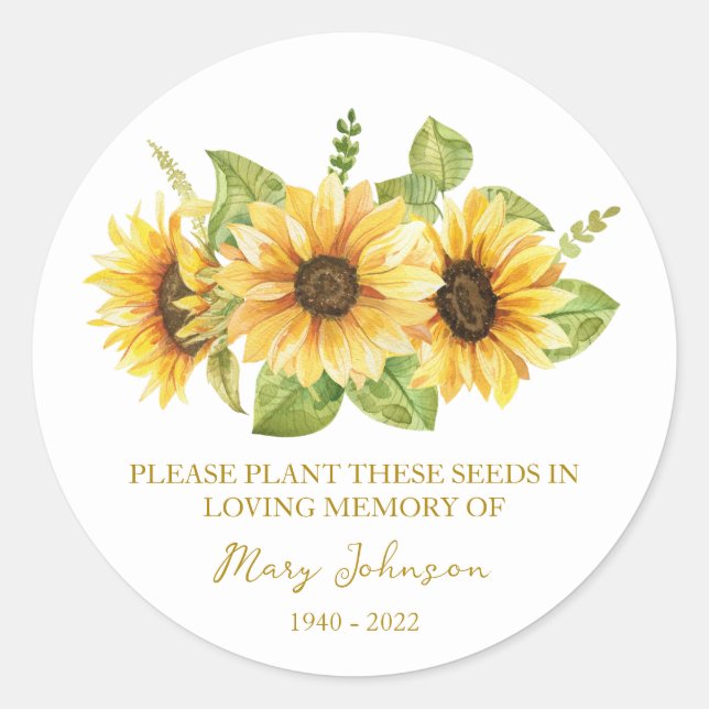 Pegatina Redonda Sunflower Memorial Funeral Seed Packet (Anverso)