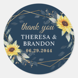 Pegatina Redonda Sunflower & Navy Blue Geometric Boda Gracias