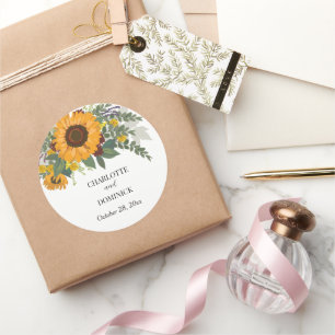 Pegatina Redonda Sunflowers Bouquet Floral Pareja Nombre Boda