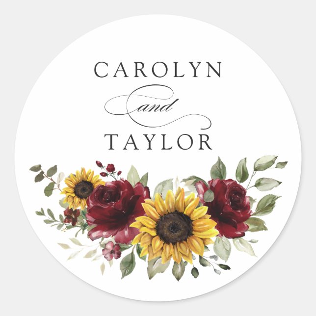 Pegatina Redonda Sunflowers Burgundy Floral Rojo Sobre Rústico Cla (Anverso)