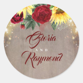 Pegatina Redonda Sunflowers Burgundy Floral Rustic Fall Wedding