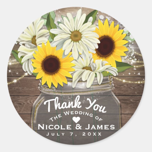 Pegatina Redonda Sunflowers & Daisies Mason Jar Sparkle Rustic Moda (Anverso)
