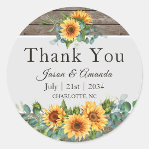 Pegatina Redonda Sunflowers Eucalyptus Wood Personalizado Gracias