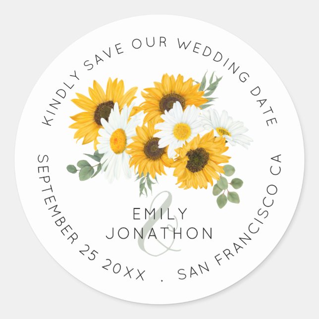 Pegatina Redonda Sunflowers Florals Elegant Save The Date (Anverso)