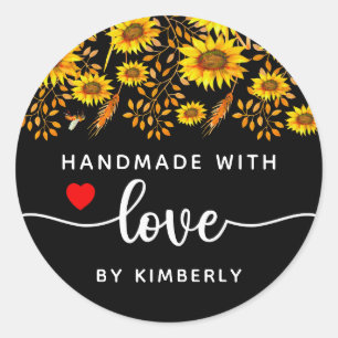 Pegatina Redonda Sunflowers Handmade with Love Black