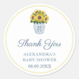 Pegatina Redonda Sunflowers In Blue And White Vase Shower