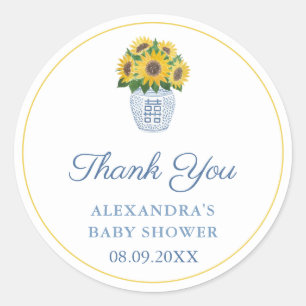 Pegatina Redonda Sunflowers In Blue And White Vase Shower