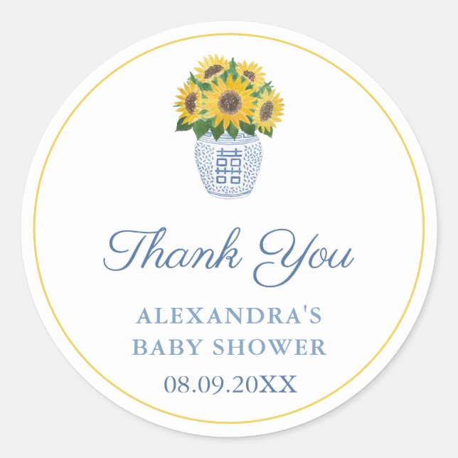 Pegatina Redonda Sunflowers In Blue And White Vase Shower (Anverso)